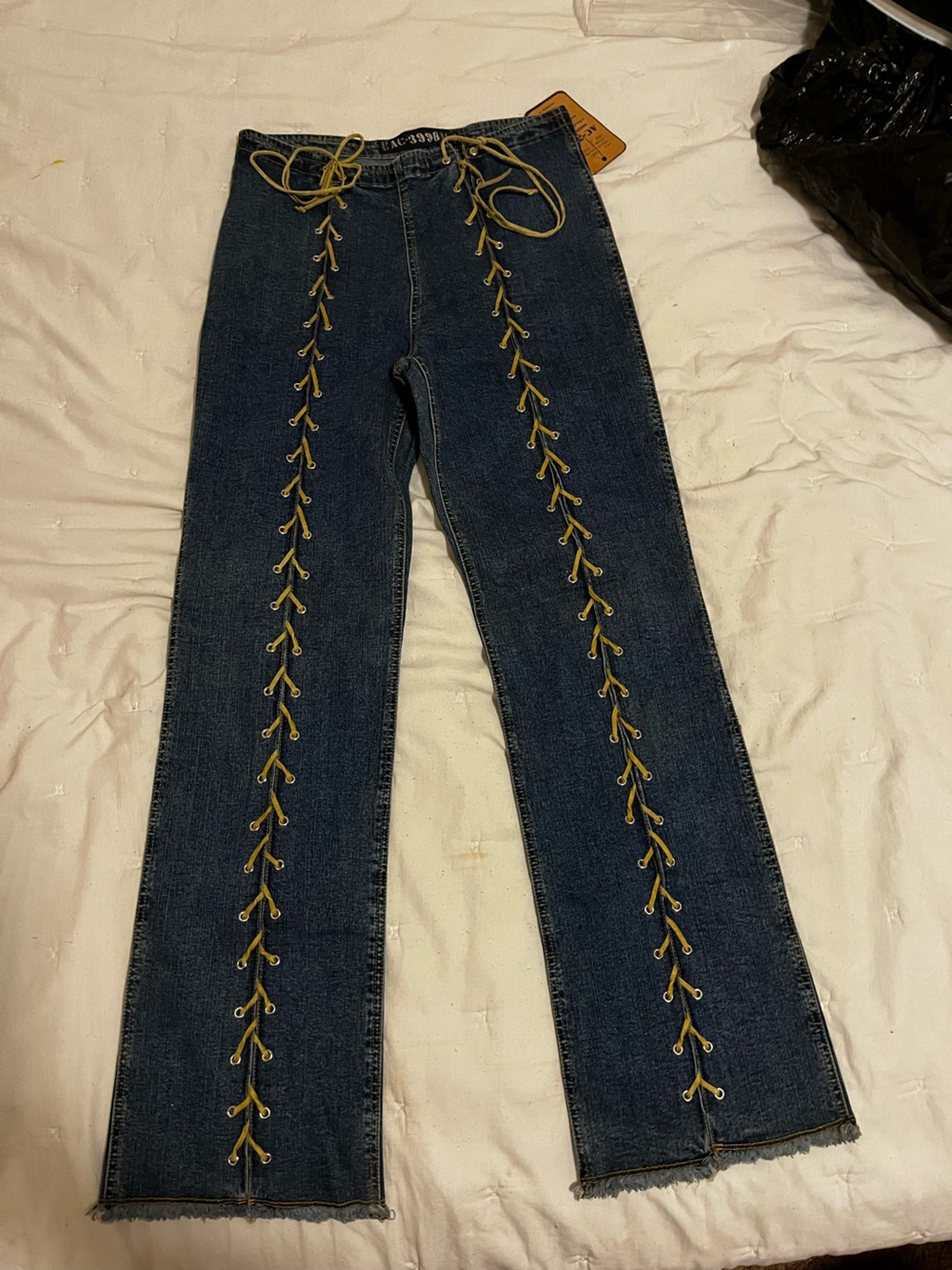 Women's Dark Blue Flare Jeans with Yellow Lace-Up Detail